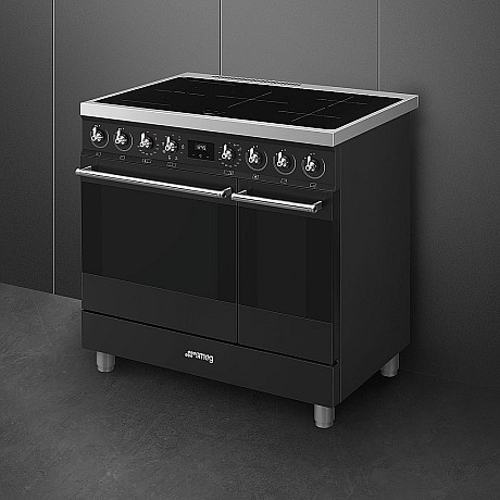 SMEG - Antracitfärgad 90cm dubbelugnsspis med stänkskydd och köksfläkt