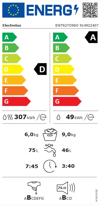 Electrolux - EWT627O96O - Vit, Skonsam klädvård & AI-assist, tvätt 9 kg, tork 6kg
