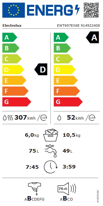 Electrolux - EWT697EX6E - Vit, Skonsam klädvård & AI-assist, tvätt 10.5/tork 6 kg