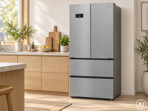 Smeg FQ55FXDD med öppna kyldörrar och fryslåda i köksmiljö