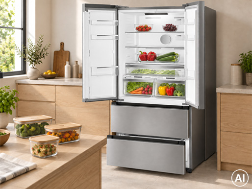 Smeg FQ55FXDD med frukt och grönsaker samt synliga luftöppningar i kylen